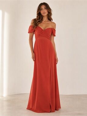 Azazie bridesmaids dress in terracotta / red orange
